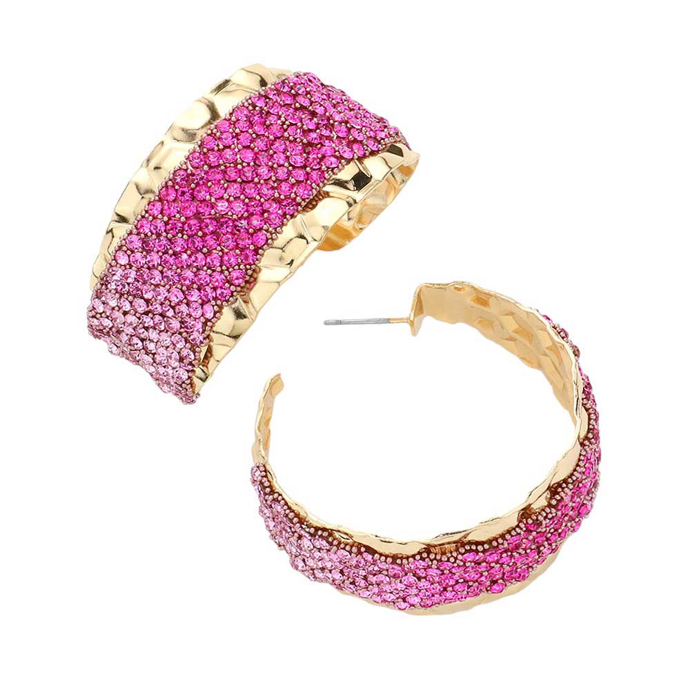 Fuchsia Rhinestone Paved Hoop Earrings, is perfect for special occasions. The set features a unique design with a modern spin, thanks to its rhinestone-paved hoop structure. Crafted with high-quality materials, these earrings make a statement without sacrificing comfort. Show off your sense of style with this timeless piece.