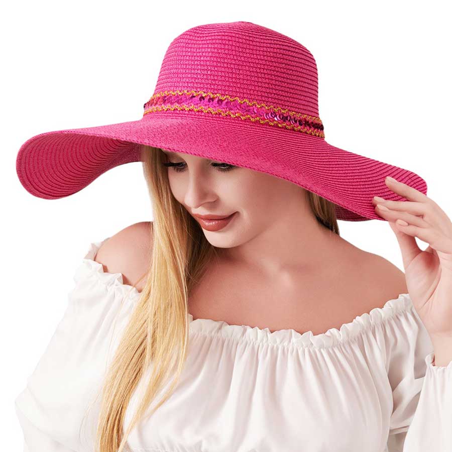 Fuchsia Sequin Band Pointed Straw Sun Hat, Get ready to shine in the summer sun with our Sequin Band Pointed Sun Hat! Made with sturdy straw for all-day wear, this hat features a stylish sequin band for a touch of glam. Protect yourself from UV rays while making a statement - no dull moments here! Perfect summer gift choice!