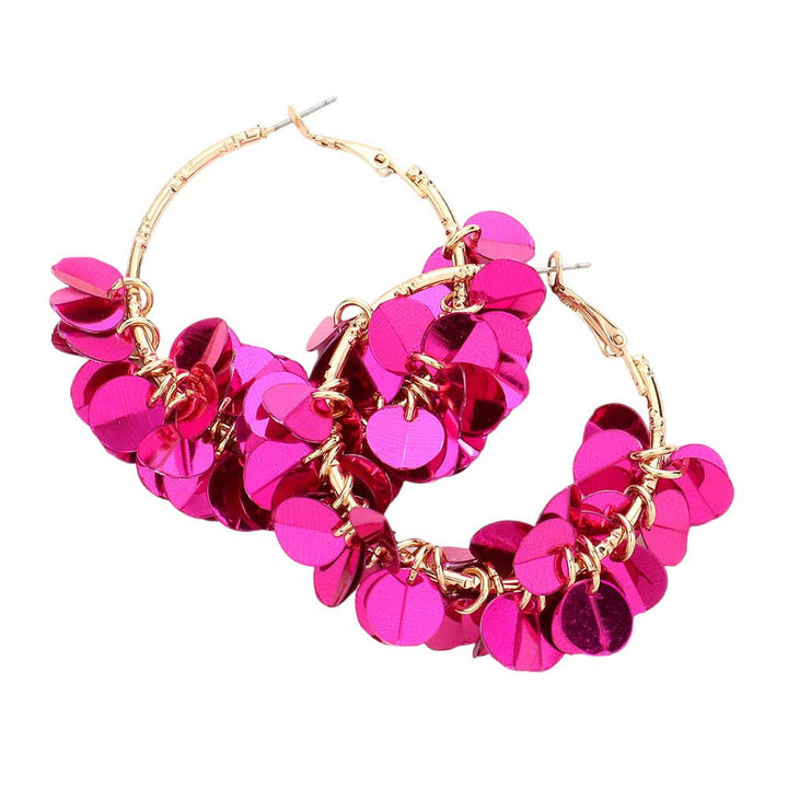 Fuchsia Sequin Dangle Hoop Earrings, are fun handcrafted jewelry that fits your lifestyle, adding a pop of pretty color. Enhance your attire with these vibrant artisanal earrings to show off your fun trendsetting style. Great gift idea for your Wife, Mom, your Loving one, or any family member.