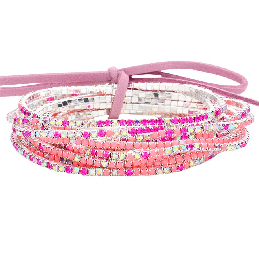 Fuchsia 12PCS Ribbon Colorful Rhinestone Layered Stretch Bracelets. This Rhinestone Stretch Bracelet sparkles all around with it's surrounding round stones, stylish stretch bracelet that is easy to put on, take off and comfortable to wear. It looks modern and is just the right touch to set off LBD. Perfect jewelry to enhance your look. Awesome gift for birthday, Anniversary, Valentine’s Day or any special occasion.
