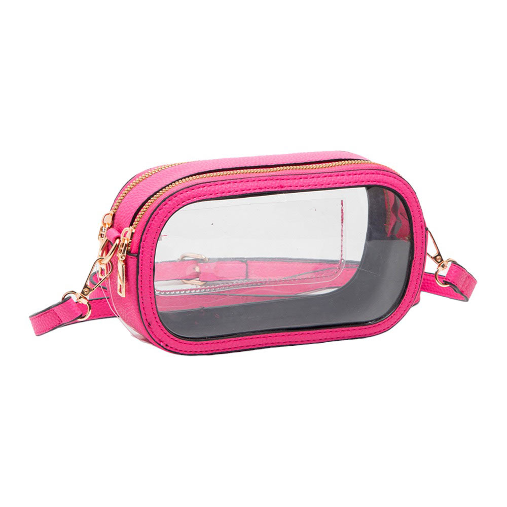 Fuchsia Solid Faux Leather Transparent Rectangle Crossbody Bag, is the perfect accessory for any outfit. Its solid faux leather material is durable and lightweight. The adjustable crossbody strap provides convenience and comfortability. Wear it on your next night out for a fashionable look and make an exquisite gift with this!