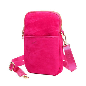 Fuchsia Solid Faux Suede Crossbody Bag, is a unique but beautiful addition to your handbag collection. Go everywhere carrying your handy items without any hassle. Perfect gift for a Birthday, everyday bag, Anniversary, Graduation, Holiday, Christmas, New Year, Anniversary, Valentine's Day, etc.