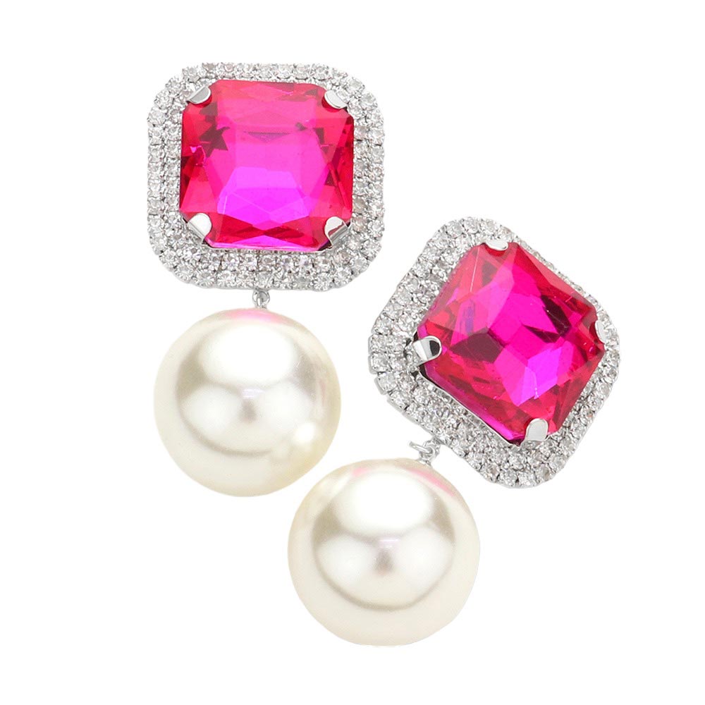 Fuchsia Square Stone Pearl Link Dangle Evening Clip on Earrings, make a fashionable addition to any ensemble. Crafted with a unique square stone and pearl link, these eye-catching earrings are perfect for any formal or special occasion. These clip-on earrings offer a secure fit and ensure complete comfort throughout the night.