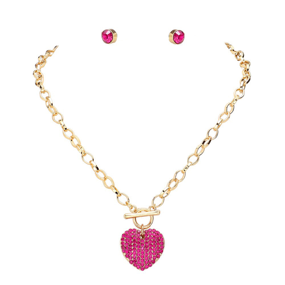 Fuchsia Stone Paved Heart Pendant Metal Toggle Jewelry Set, is a timeless and elegant addition to any jewelry collection. Made with high-quality materials, this set features a stunning stone paved heart pendant and a metal toggle closure for easy and secure wear. Elevate any outfit with this versatile and classic set.