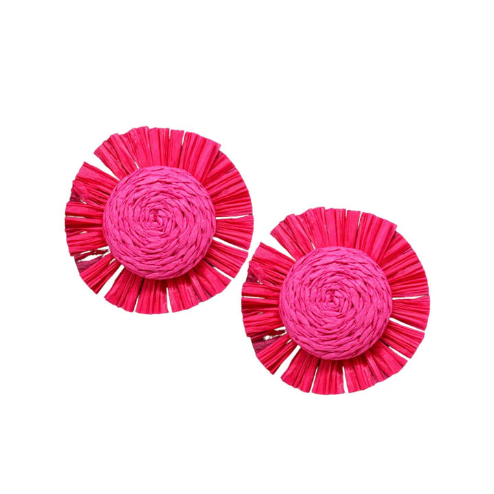 Fuchsia Swirl Raffia Centered Earrings, are fun handcrafted jewelry that fits your lifestyle, adding a pop of pretty color. Enhance your attire with these vibrant artisanal earrings to show off your fun trendsetting style. Great gift idea for your Wife, Mom, your Loving one, or any family member.