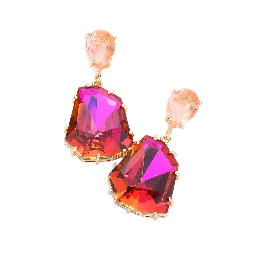 Fuchsia Teardrop Angled Stone Link Dangle Evening Earrings, These elegant earrings feature a unique design that will add a touch of sophistication to any outfit. The angled stones create a delicate and eye-catching look, while the dangle style adds movement and dimension. Perfect for formal evening event or a special occasion.