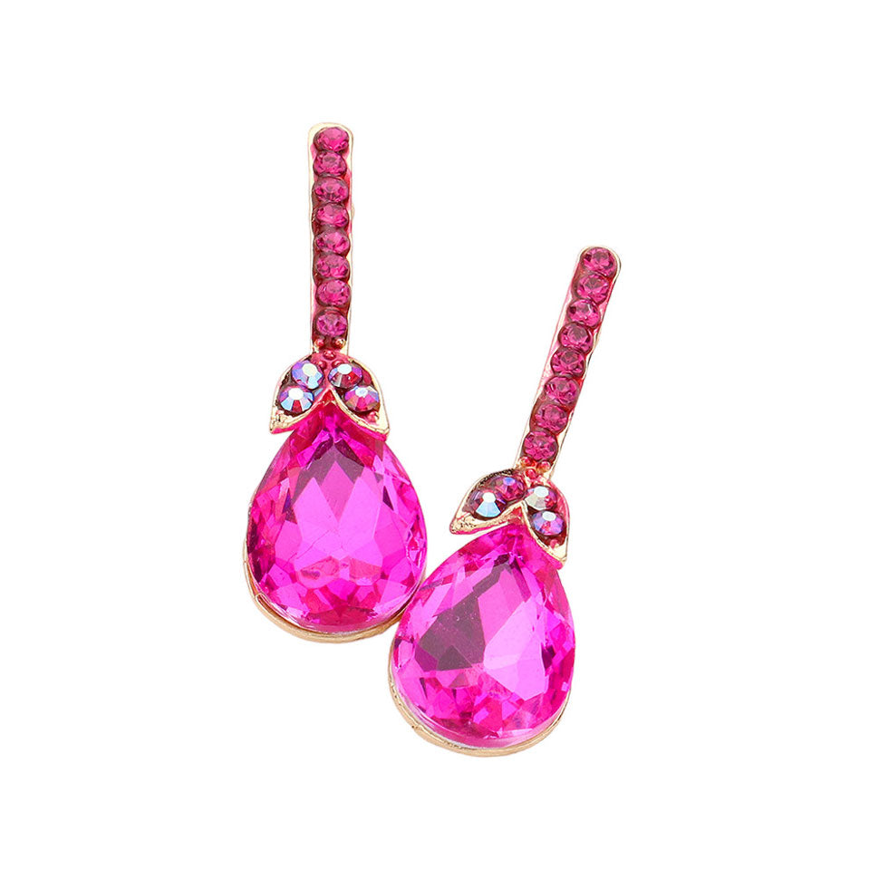 Fuchsia Teardrop Stone Accented Evening Earrings, featuring Gorgeous evening earrings and teardrop stones accented with sparkling crystals. These earrings will add a touch of glamour to any attire. Perfect for any occasion. These beautifully unique designed earrings are suitable as gifts for wives, friends, and mothers.