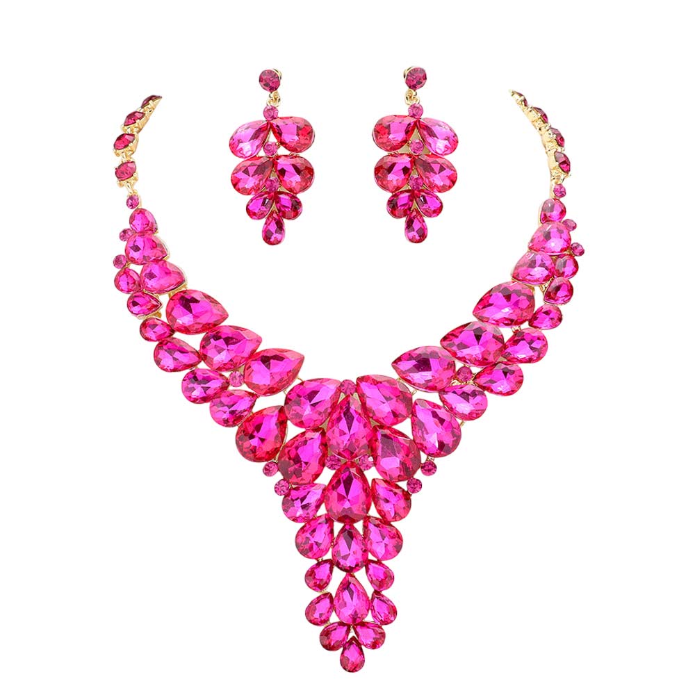 Fuchsia Teardrop Stone Cluster Vine Evening Necklace Earring Set, designed to accent the neckline, oversized crystal dangle earrings, which are a perfect way to add sparkle to special occasions. A perfect gift for Birthday, Anniversary, Valentine's Day, Christmas, Navidad, Cumpleanos, Prom, Bridal, Quinceanera, Sweet 16, etc.