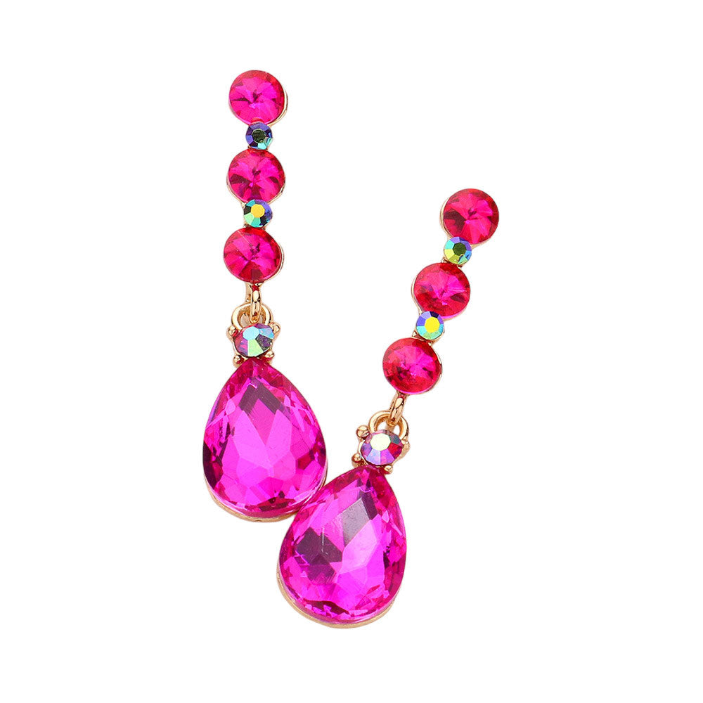 Fuchsia Triple Round Stone Teardrop Link Dangle Evening Earrings, look beautiful with these versatile Dangle Evening Earrings. These earrings feature a teardrop dangle design, perfect for dressing up any outfit. Perfect for any occasion. These beautifully designed earrings are suitable as gifts for wives, and mothers.