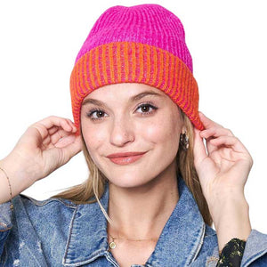 Fuchsia Two Tone Cuff Beanie Hat, Stay stylishly warm during the cold with this. Crafted with two distinct and complementary colors, this beanie hat is designed to add a touch of flair to any winter ensemble. Built for maximum comfort and warmth, it is perfect for outdoor activities and as a perfect winter gift.