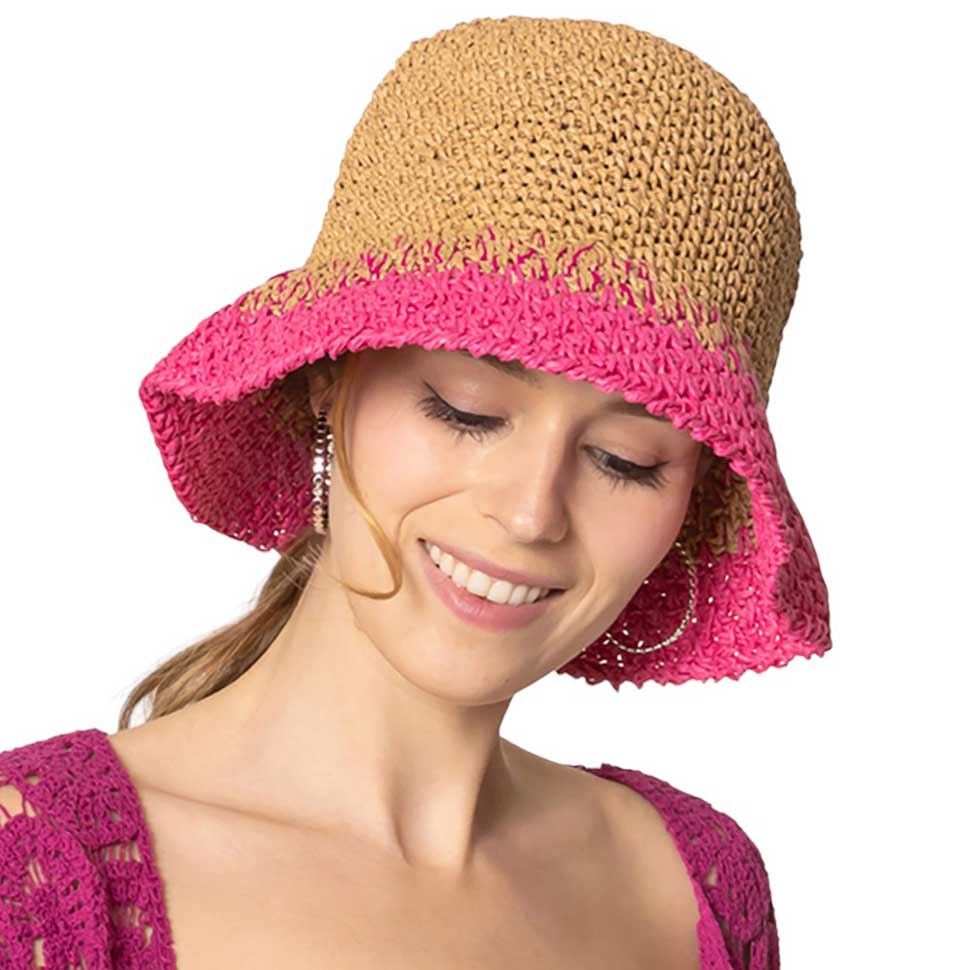 Fuchsia Two-Tone Straw Bucket Hat, Stay cool and stylish with the stylish summer hat. This quirky hat features a unique two-tone design that adds a touch of fun to any outfit. Keep the sun out of your eyes while adding a playful flair to your look. Perfect for a day at the beach or a casual outing.