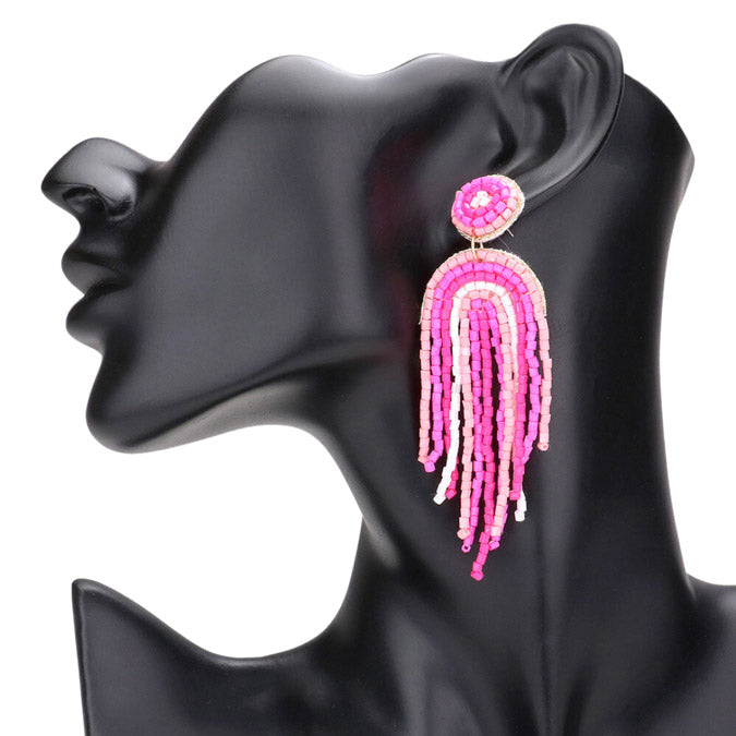 vibrant Colorful Fuchsia Beaded Fringed Dangle Earrings. These eye-catching accessories feature handmade beads that come in a wide variety of colors and create a unique look. Perfect gift for Birthdays, Anniversaries, Mother's Day, Graduation, Regalo Cumpleanos, Regalo Navidad, etc.