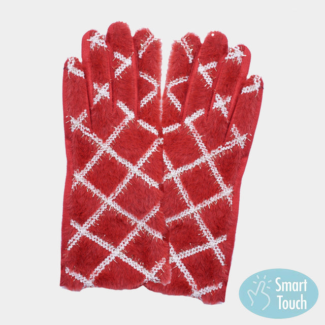 Red Fuzzy Plaid Smart Touch Gloves