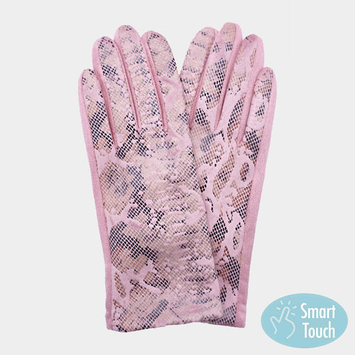 Faux Leather Snake Skin Pattern Smart Touch Gloves - Pink