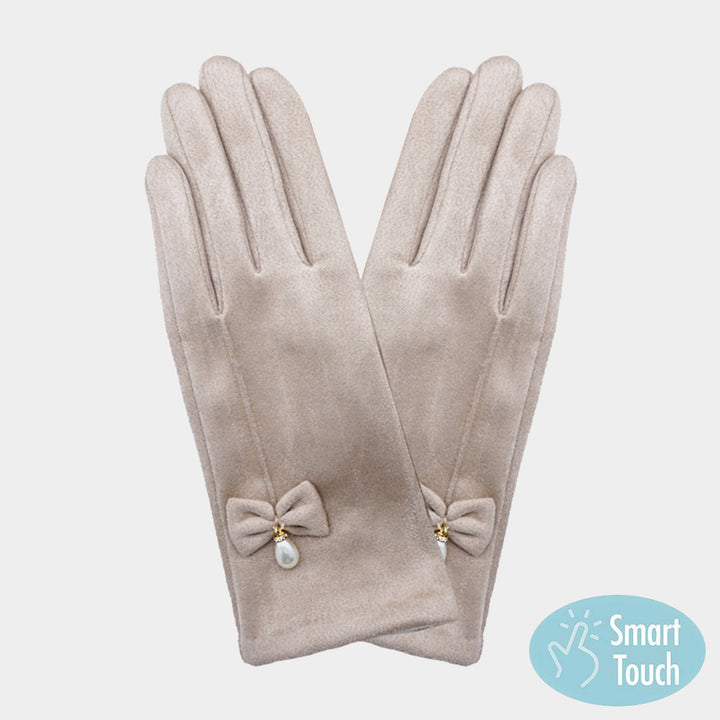 Beige Bow Pearl Dangle Pointed Faux Suede Smart Touch Gloves