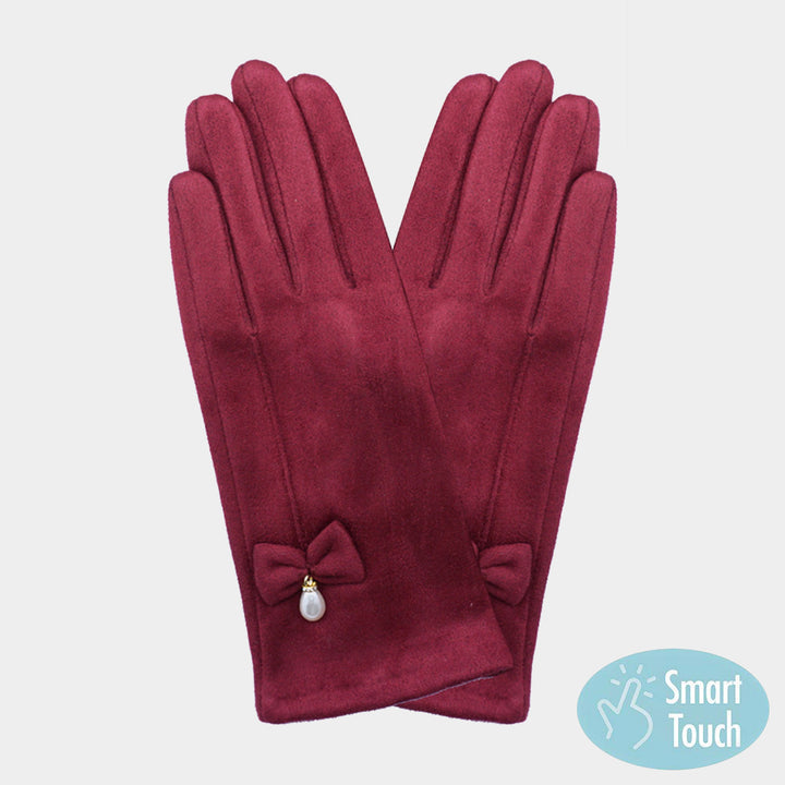Burgundy Bow Pearl Dangle Pointed Faux Suede Smart Touch Gloves