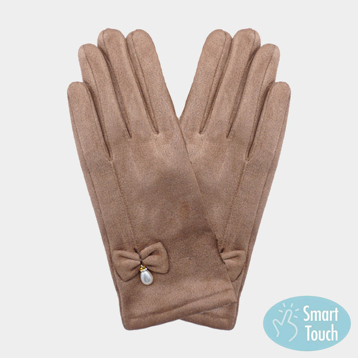 Brown Bow Pearl Dangle Pointed Faux Suede Smart Touch Gloves