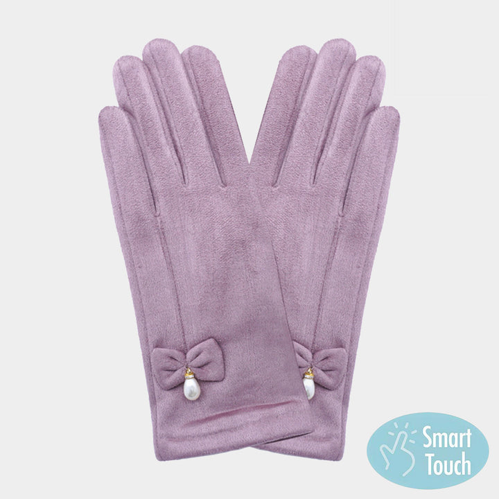 Lavender Bow Pearl Dangle Pointed Faux Suede Smart Touch Gloves
