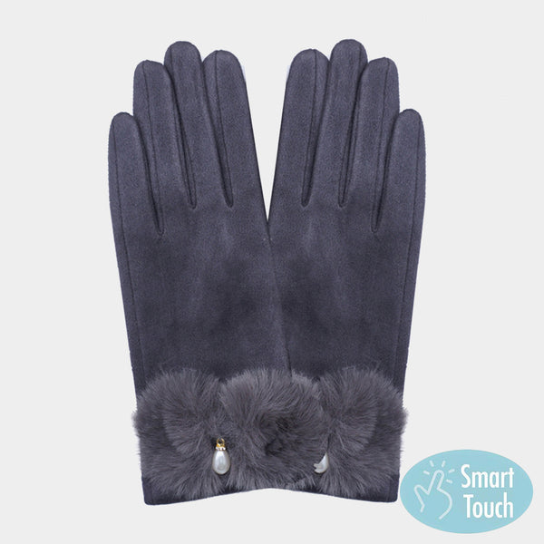 Gray Pearl Pointed Fuzzy Bow Accented Smart Touch Gloves