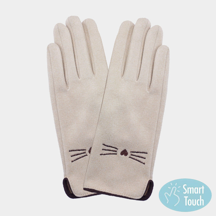 Beige Cat Pointed Faux Suede Smart Touch Gloves