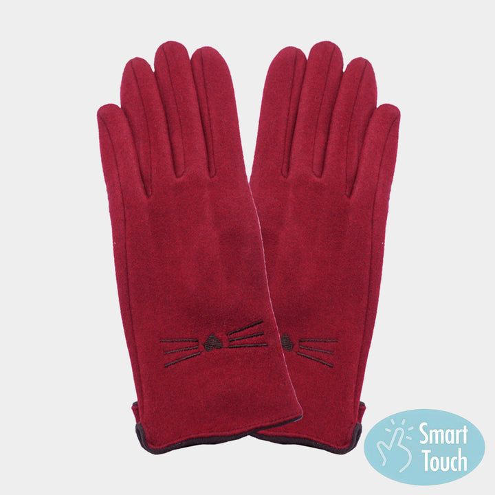Burgundy Cat Pointed Faux Suede Smart Touch Gloves