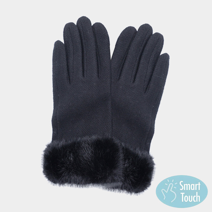 Black Fuzzy Fux Fur Collar Smart Touch Gloves