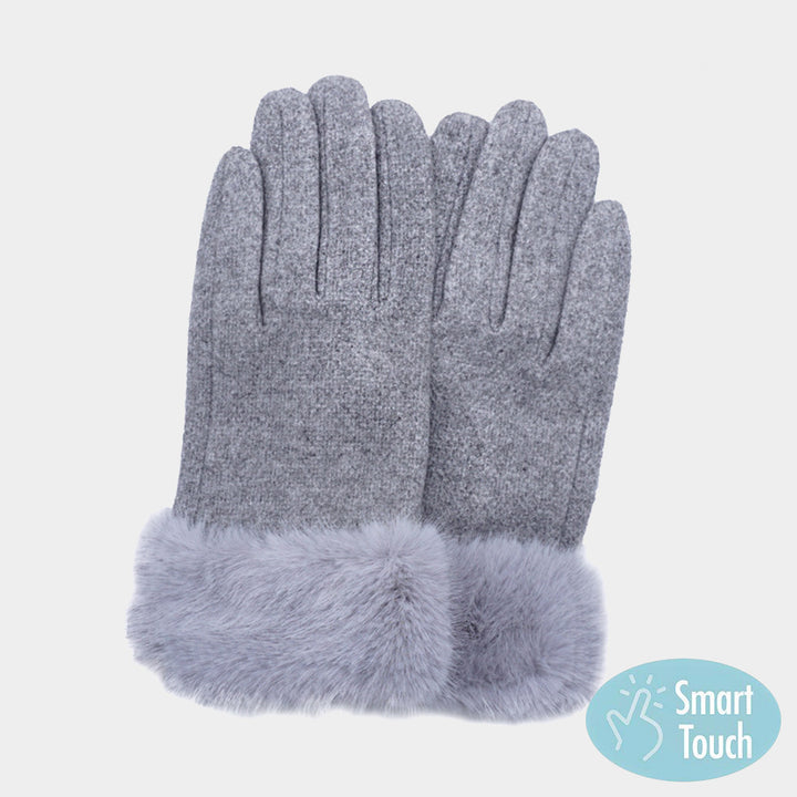 Gray Fuzzy Fux Fur Collar Smart Touch Gloves