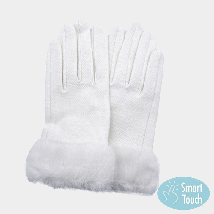 White Fuzzy Fux Fur Collar Smart Touch Gloves
