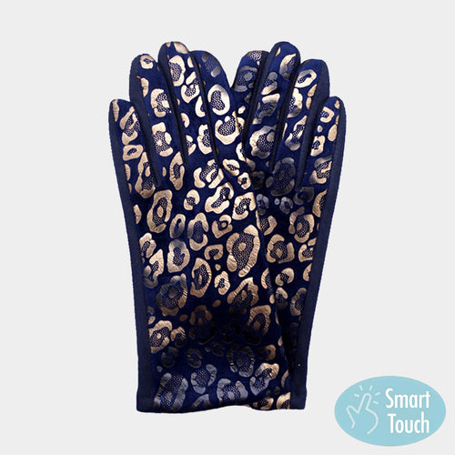Leopard Pattern Smart Touch Gloves - Navy