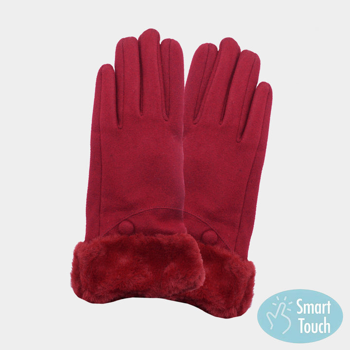 Burgundy Fuzzy Fur Collar Faux Suede Smart Touch Gloves