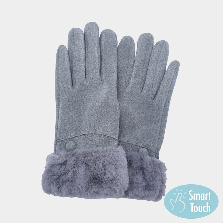 Gray Fuzzy Fur Collar Faux Suede Smart Touch Gloves