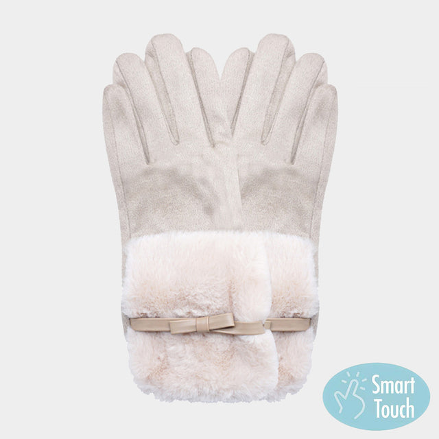 Beige Bow Pointed Fuzzy Fur Collar Suede Smart Touch Gloves