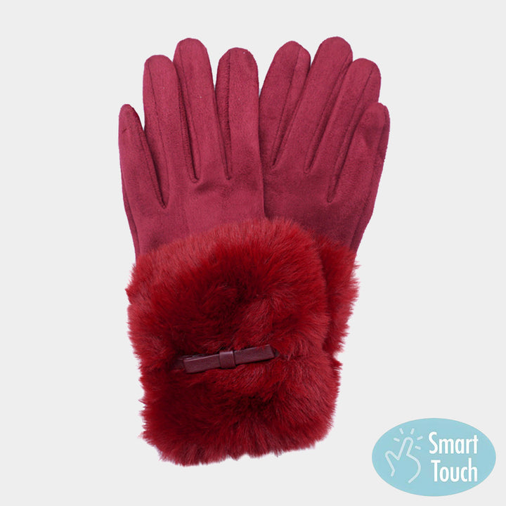 Burgundy Bow Pointed Fuzzy Fur Collar Suede Smart Touch Gloves