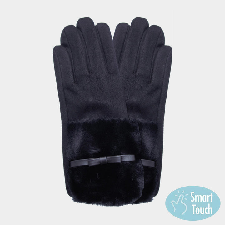 Black Bow Pointed Fuzzy Fur Collar Suede Smart Touch Gloves