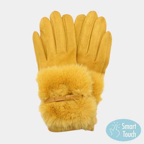 Bow Pointed Fuzzy Fur Collar Suede Smart Touch Gloves  Fuzzy Fux Fur Collar Smart Touch Gloves main image 0