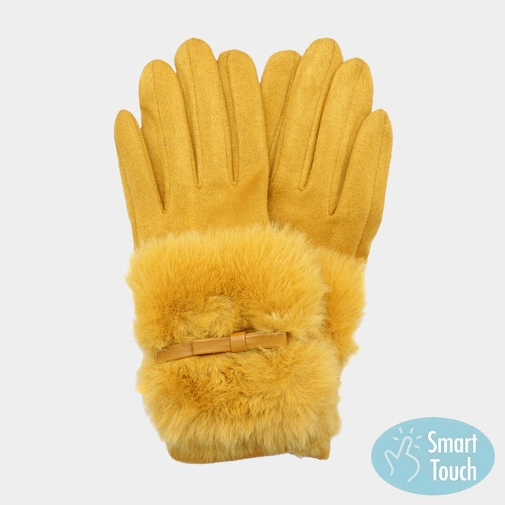 Mustard Bow Pointed Fuzzy Fur Collar Suede Smart Touch Gloves