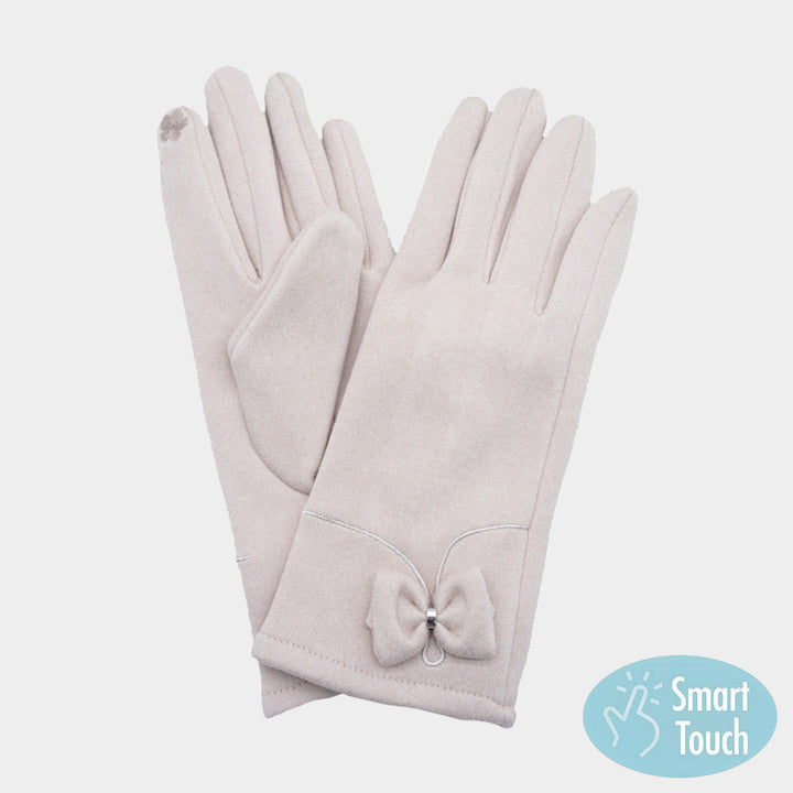 Beige Bow Pointed Faux Suede Smart Touch Gloves