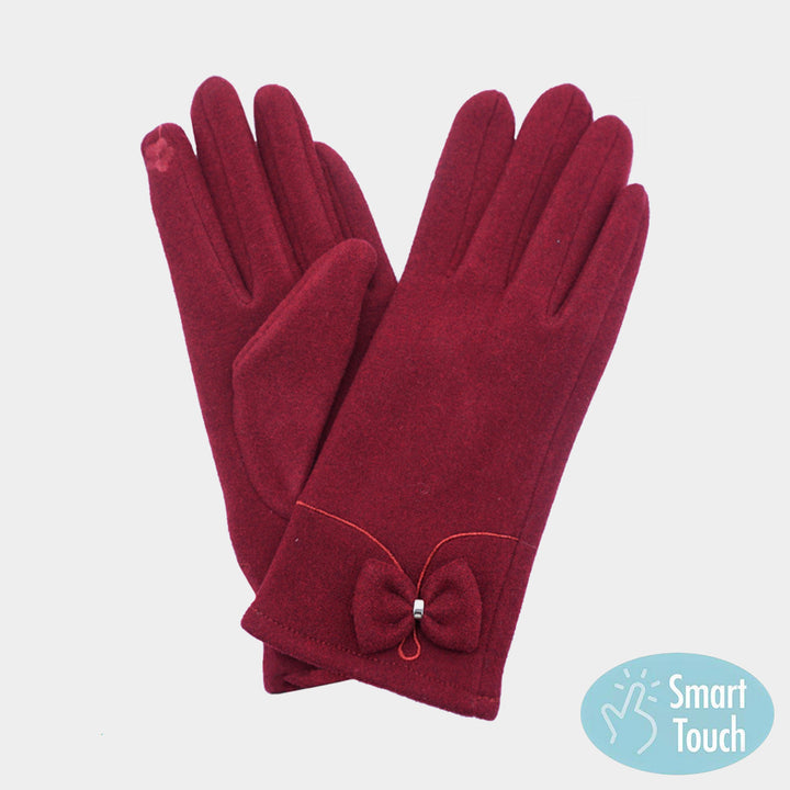 Burgundy Bow Pointed Faux Suede Smart Touch Gloves