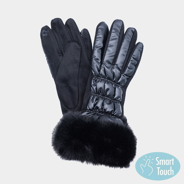 Black Faux Fur Cuff Puffer Smart Touch Gloves