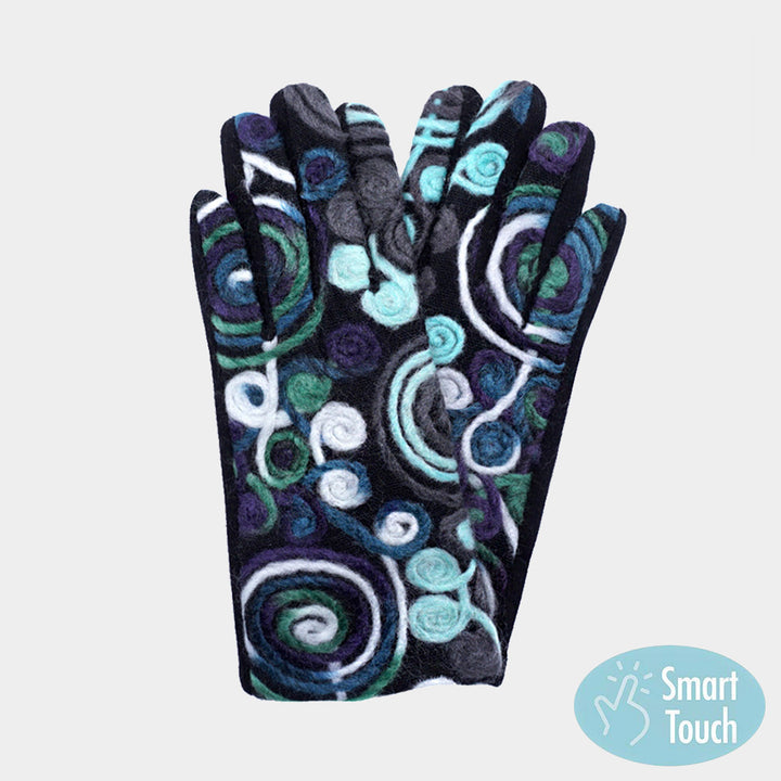 Green Abstract Swirl Yarn Embroidered Smart Touch Gloves