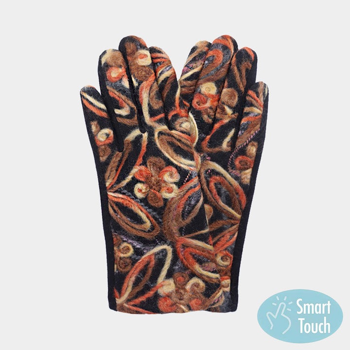 Brown Flower Yarn Embroidered Smart Touch Gloves