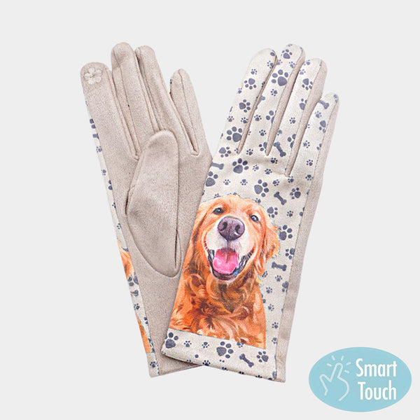 Beige Dog Printed Smart Touch Gloves