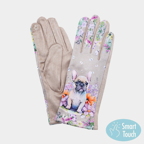 Floral French Bulldog Printed Smart Touch Gloves - Beige