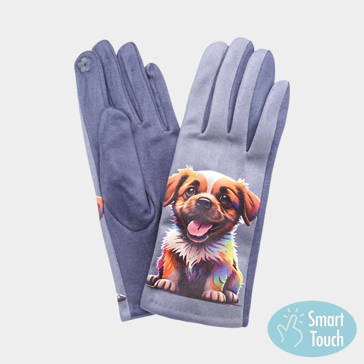 Gray Playful Puppy Printed Smart Touch Gloves