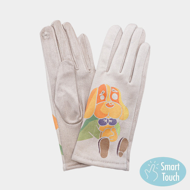 Beige Cartoon Puppy Printed Smart Touch Gloves