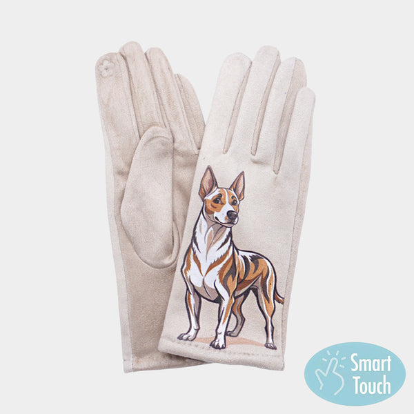 Beige Illustrated Dog Printed Smart Touch Gloves