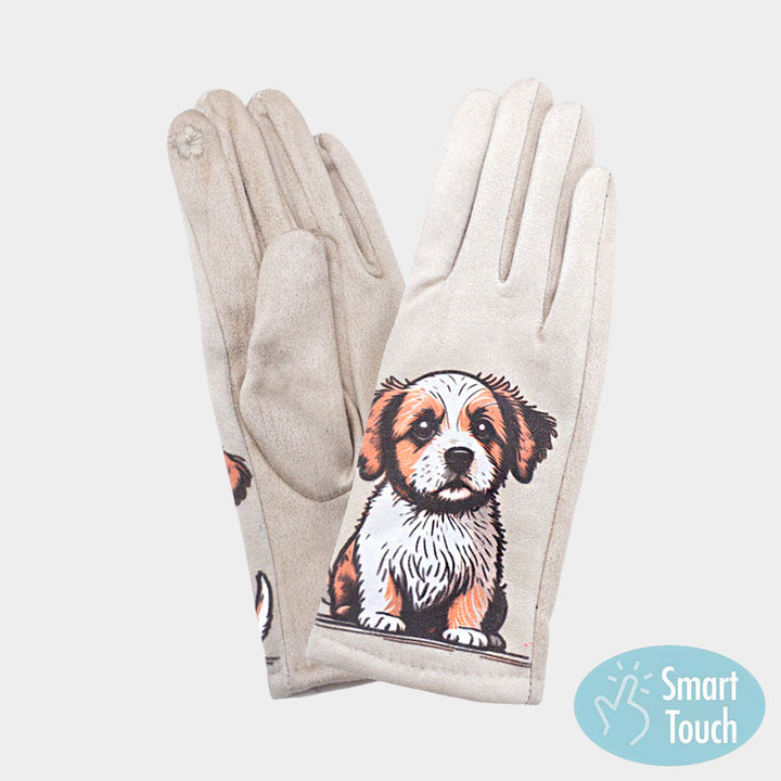 Beige Puppy Printed Smart Touch Gloves