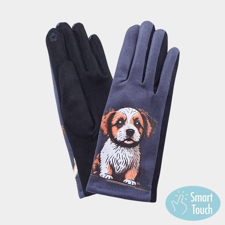 Black Puppy Printed Smart Touch Gloves