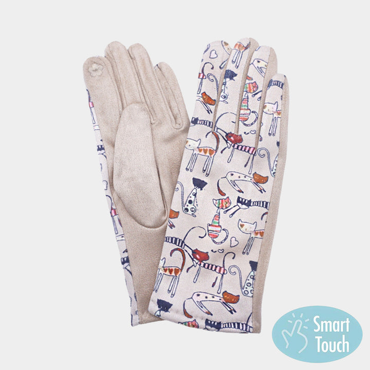 Beige Illustrated Cat Pattern Printed Smart Touch Gloves