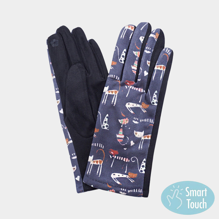 Black Illustrated Cat Pattern Printed Smart Touch Gloves